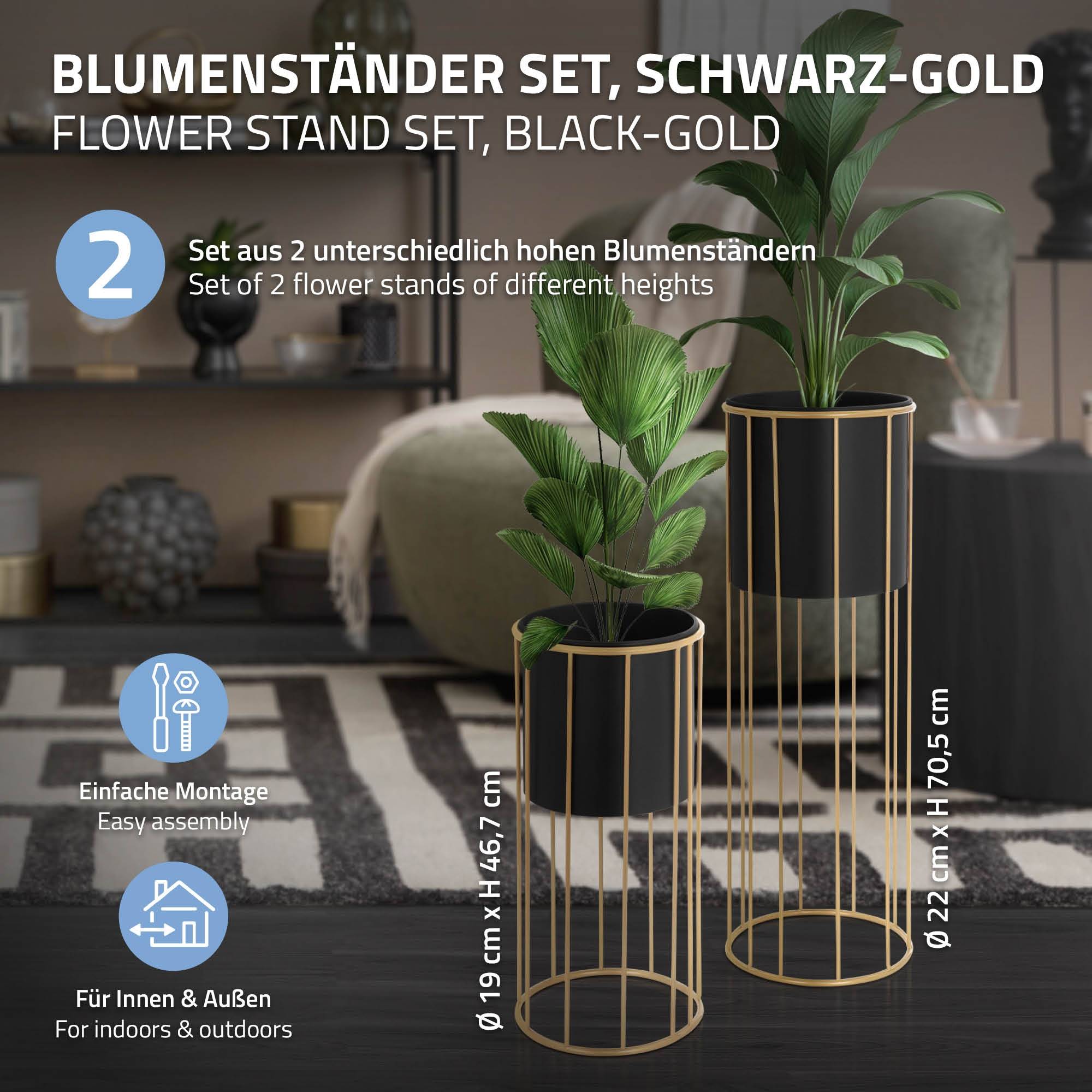 Ml-Design - 2x Support de plantes acier noir/or h: 46,7 et 70,5 cm pot de fleurs décoratif - Image 2