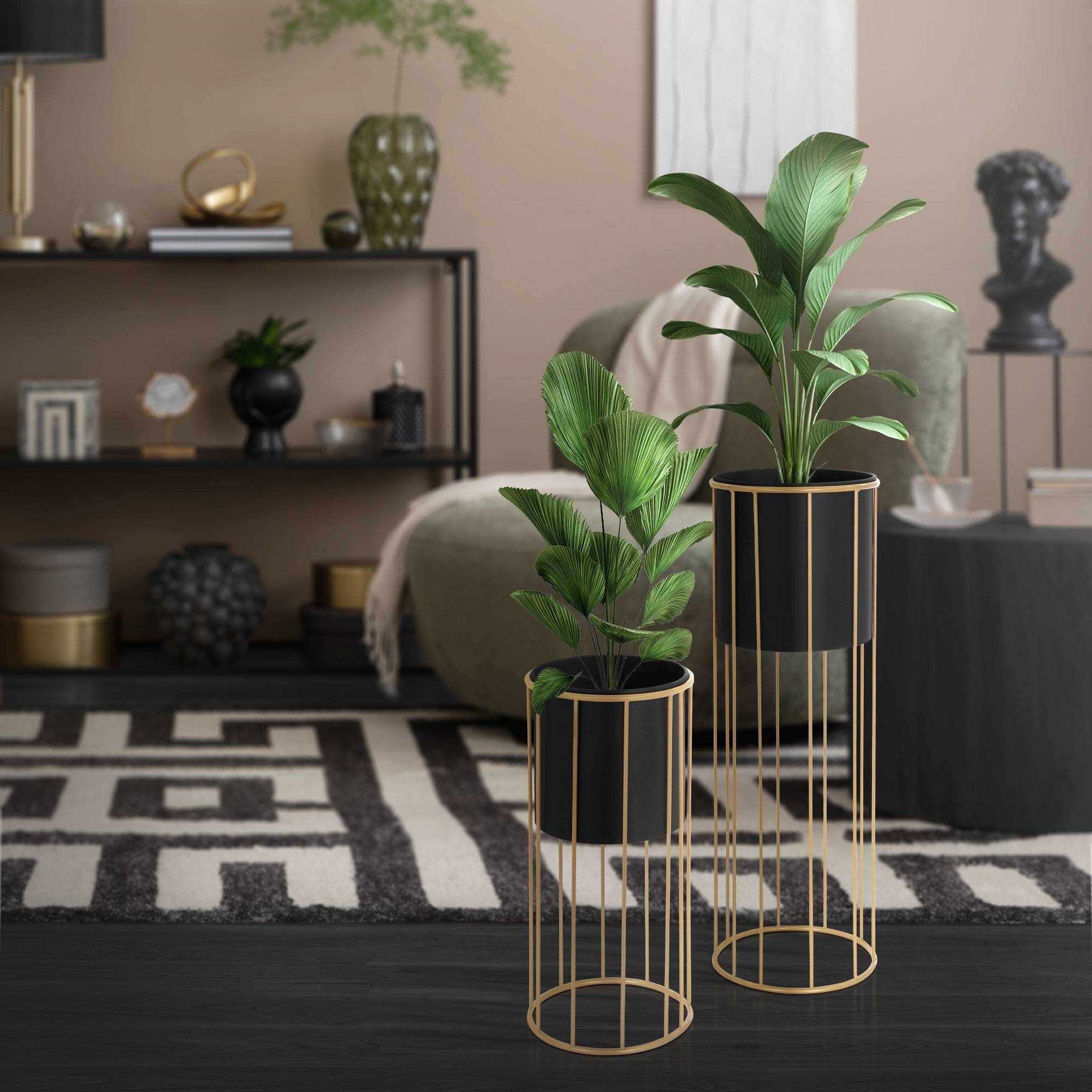 Ml-Design - 2x Support de plantes acier noir/or h: 46,7 et 70,5 cm pot de fleurs décoratif - Image 7