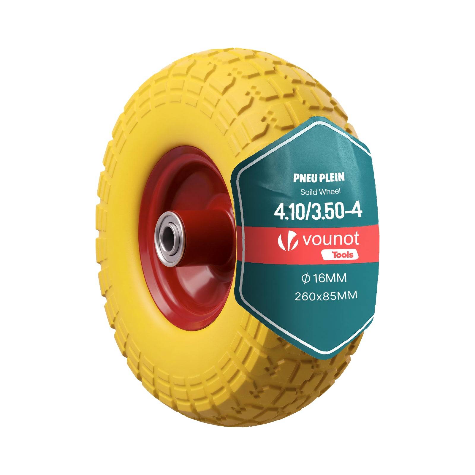 Vounot - Roue increvable 3.50-4 en PU pour brouette diable alesage 16mm 260x85mm Jaune - Image 1