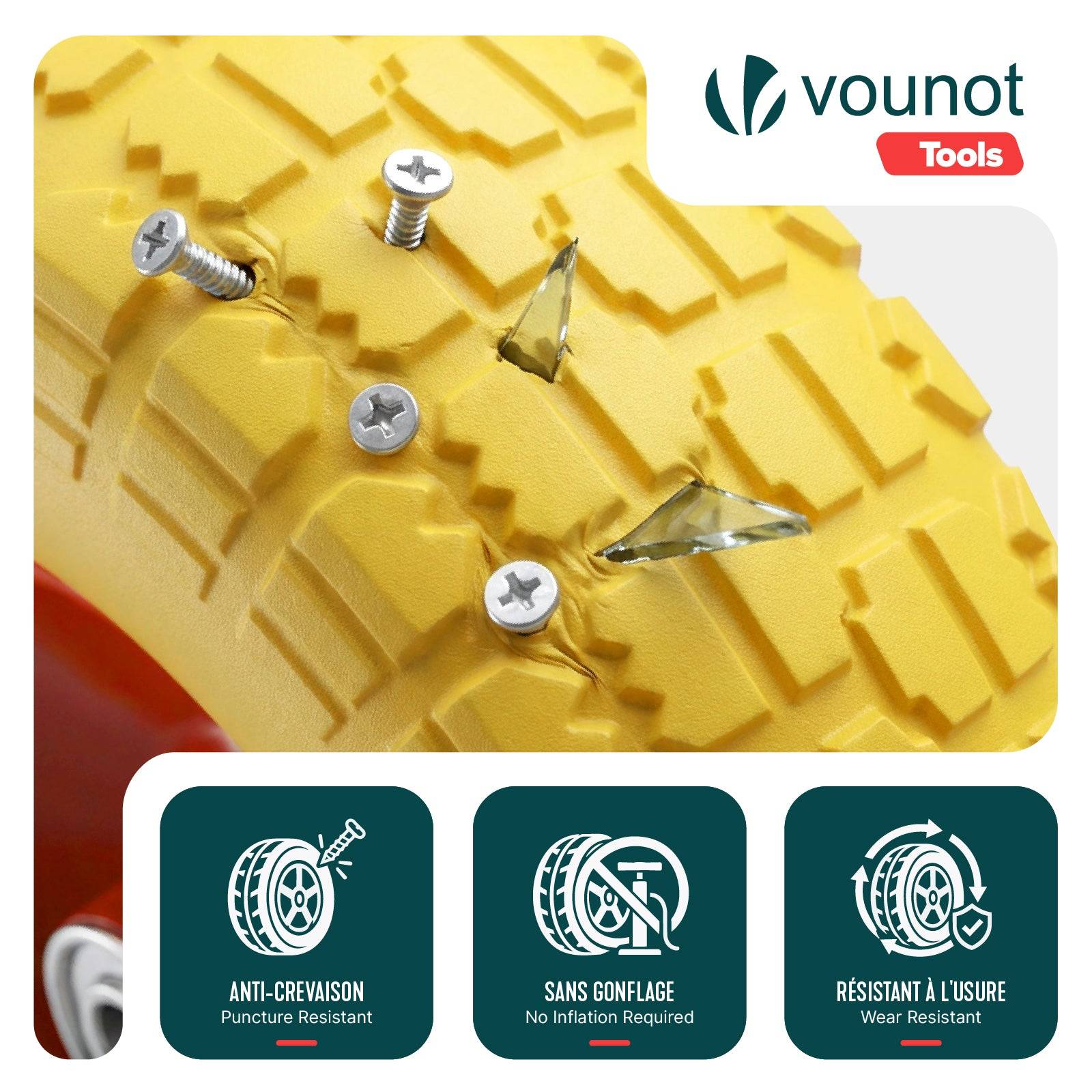 Vounot - Roue increvable 3.50-4 en PU pour brouette diable alesage 16mm 260x85mm Jaune - Image 5