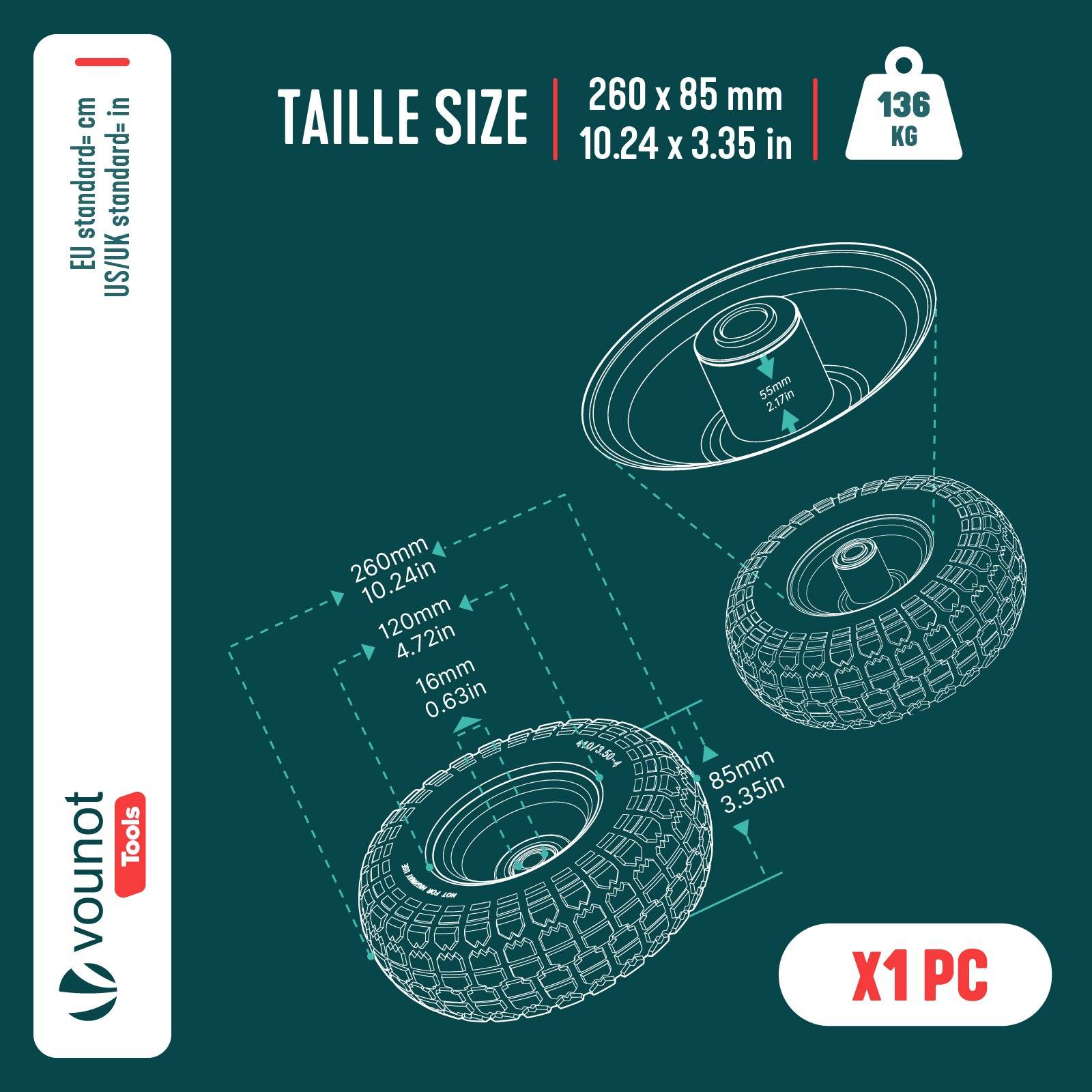 Vounot - Roue increvable 3.50-4 en PU pour brouette diable alesage 16mm 260x85mm Jaune - Image 3