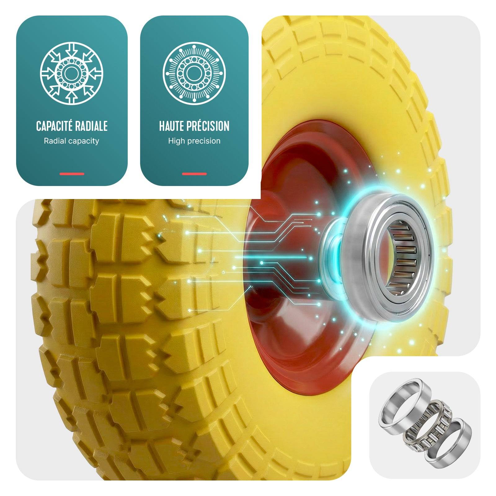 Roue increvable 3.5-4 en PU pour brouette diable alesage 16mm 260x85mm Jaune - Image 4