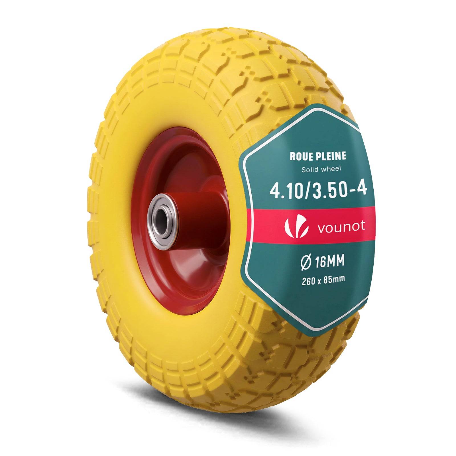 Vounot - Roue increvable 3.5-4 en PU pour brouette diable alesage 16mm 260x85mm Jaune - Image 1