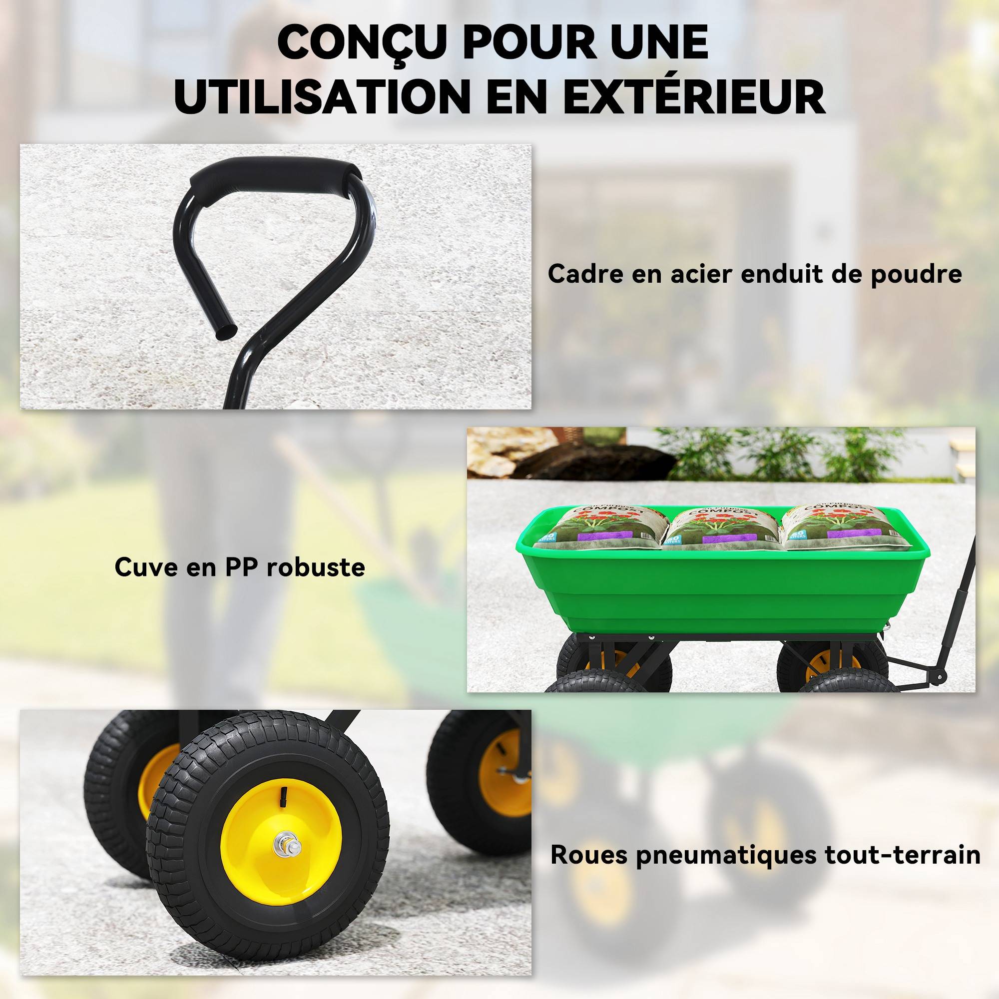 Chariot de jardin acier et PP vert et jaune 109 x 52 x 94 cm - PANGIVO - Image 7