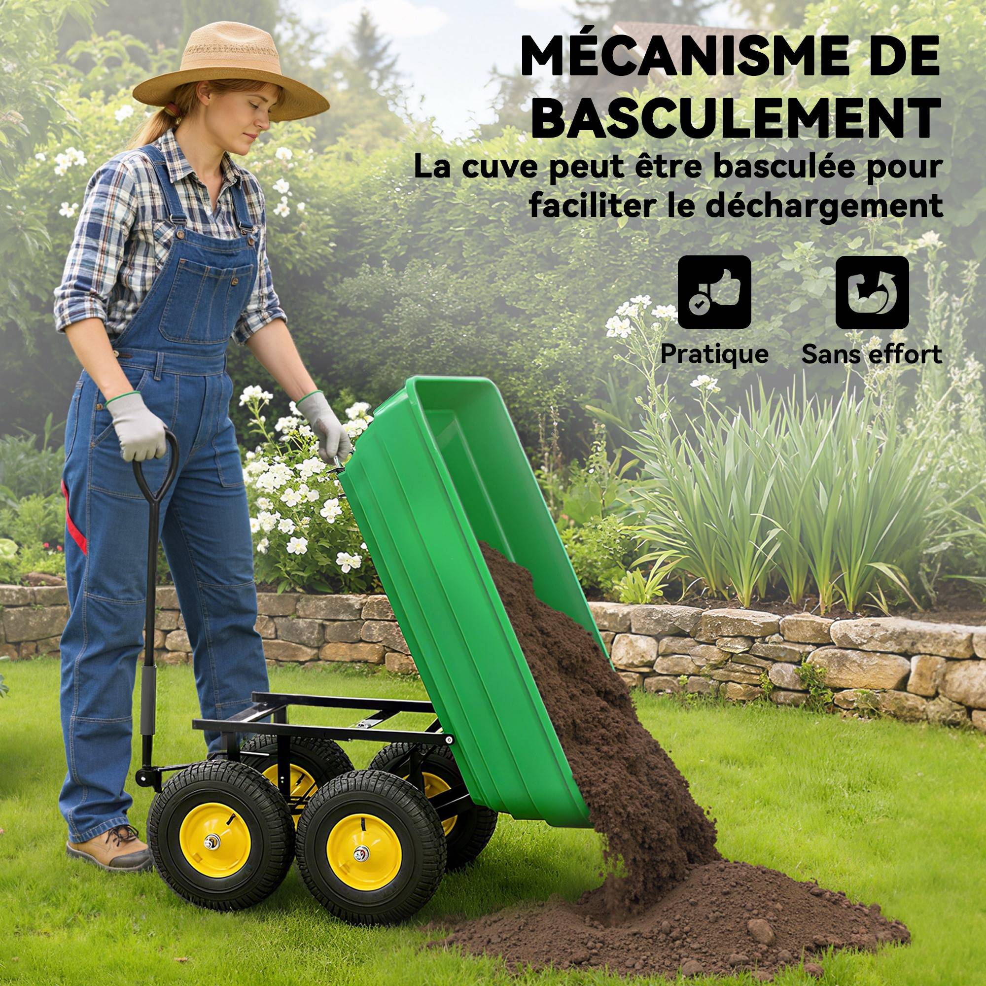 Chariot de jardin acier et PP vert et jaune 109 x 52 x 94 cm - PANGIVO - Image 6
