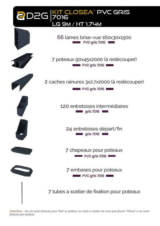 Closea - Kit cloture - Lame 16cm - PVC Gris - LG: 9m x H: 1m74 Closea - Image 4