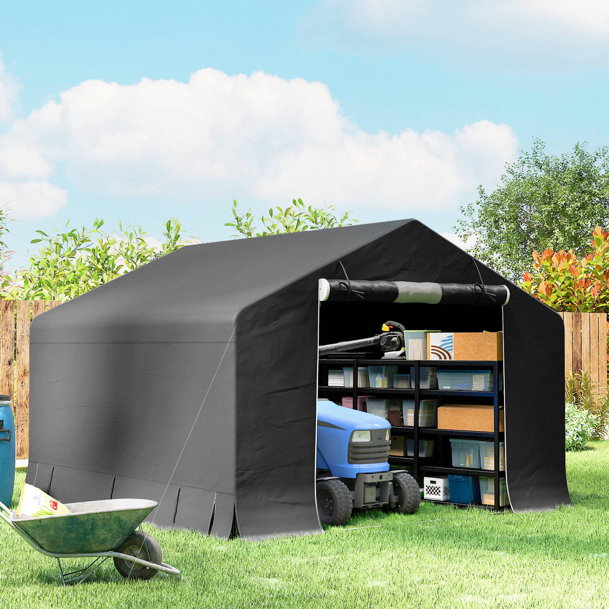Abri de jardin portable vélo avec porte enroulable fermeture éclair structure métal gris foncé, rangement - Image 4