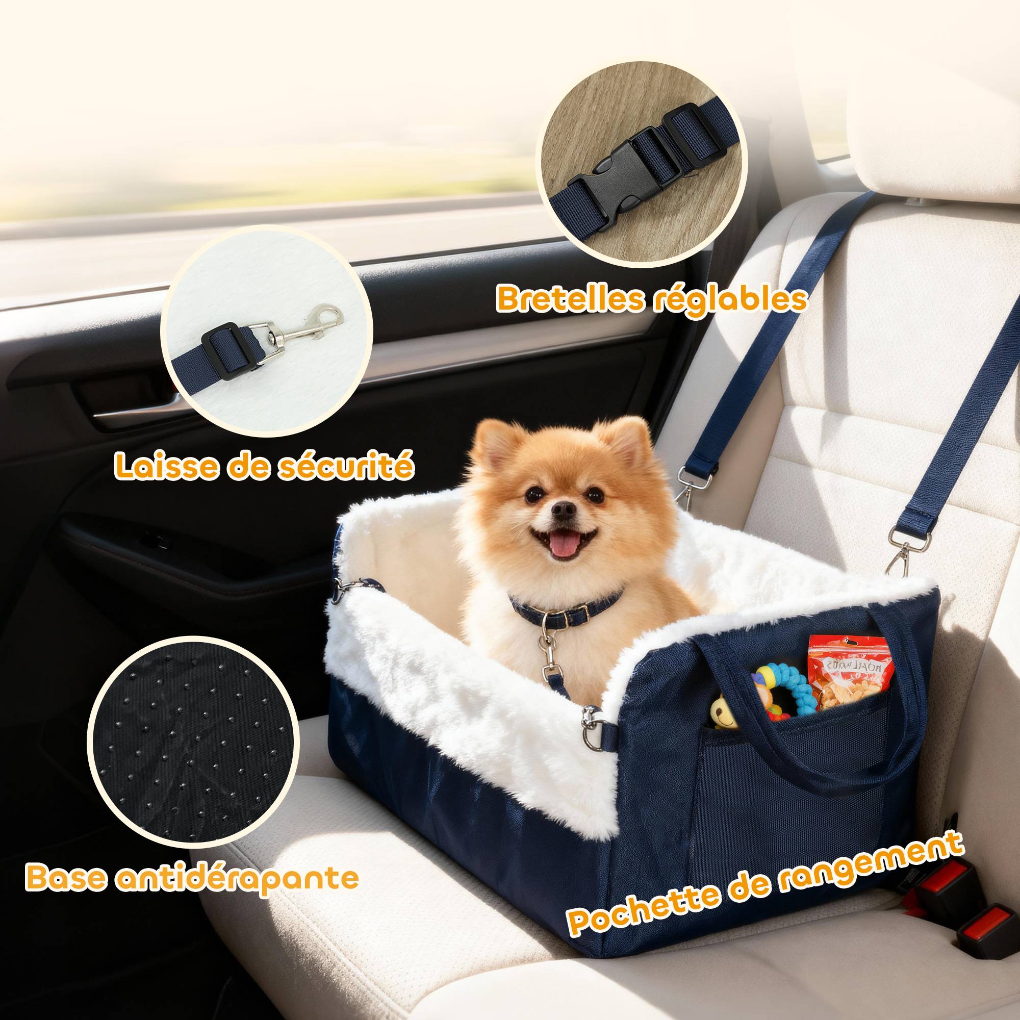 Siège auto pour chien avec ceinture de sécurité et fixation, siège de voiture pour chiens 55 x 46 x 32 cm bleu marine - Image 6
