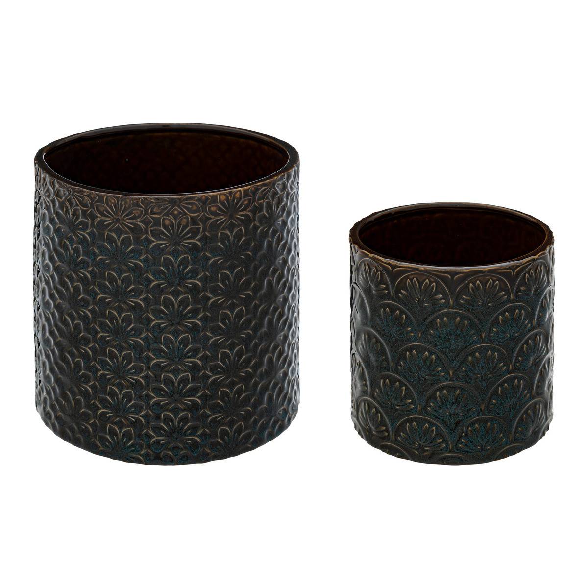 Lot de 2 Pots en Céramique émaillée Bleu et sculptéé de motifs D 18 et D 14 cm - Image 1