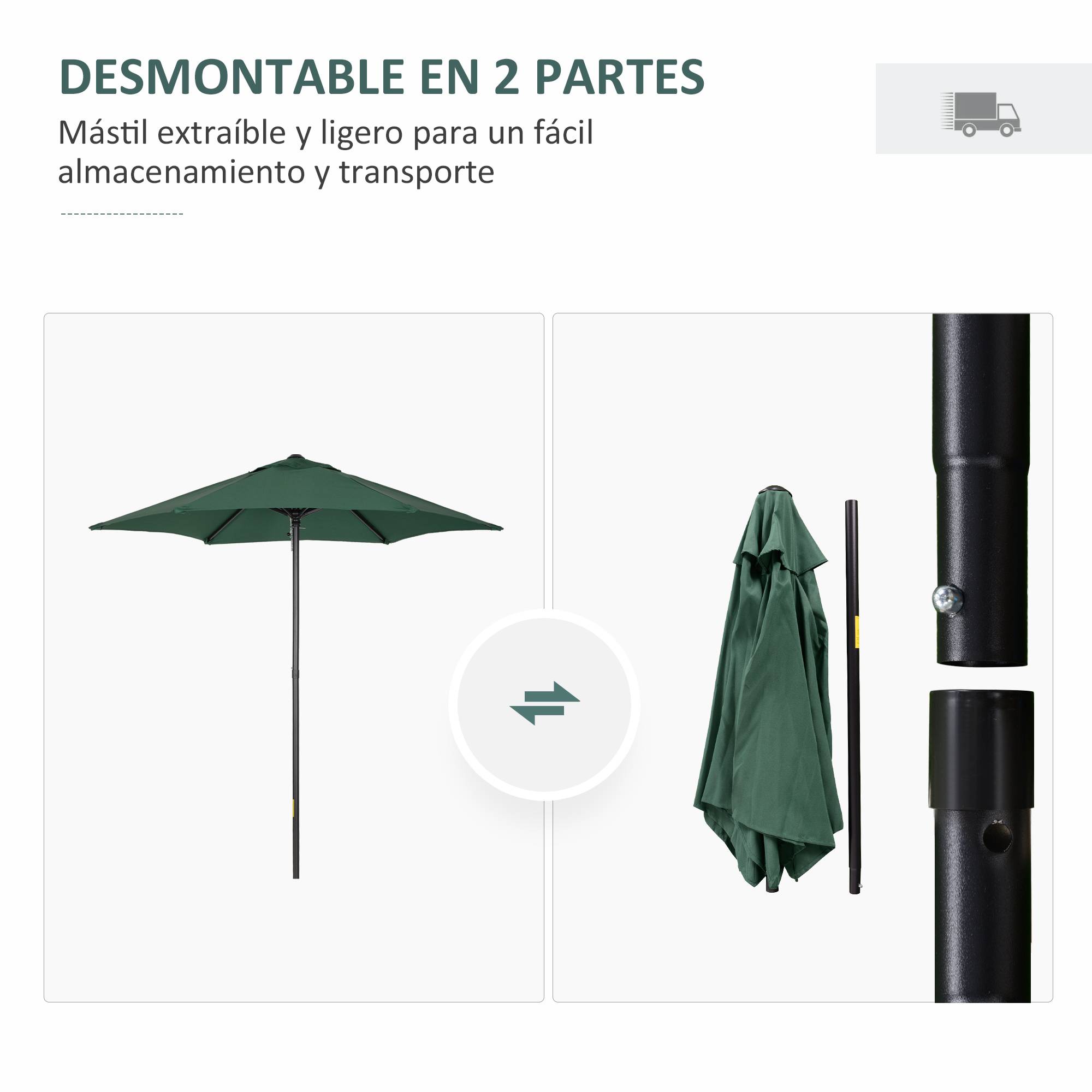 Parasol terrasse mat aluminium, toit ventilation, mat demontable, impermeable, patio, vert - Image 6