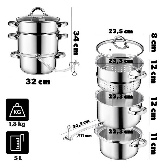 Presse-Agrumes Pot 5L Inox Vapeur Pour Induction Acier Gaz 3en1 - Image 3