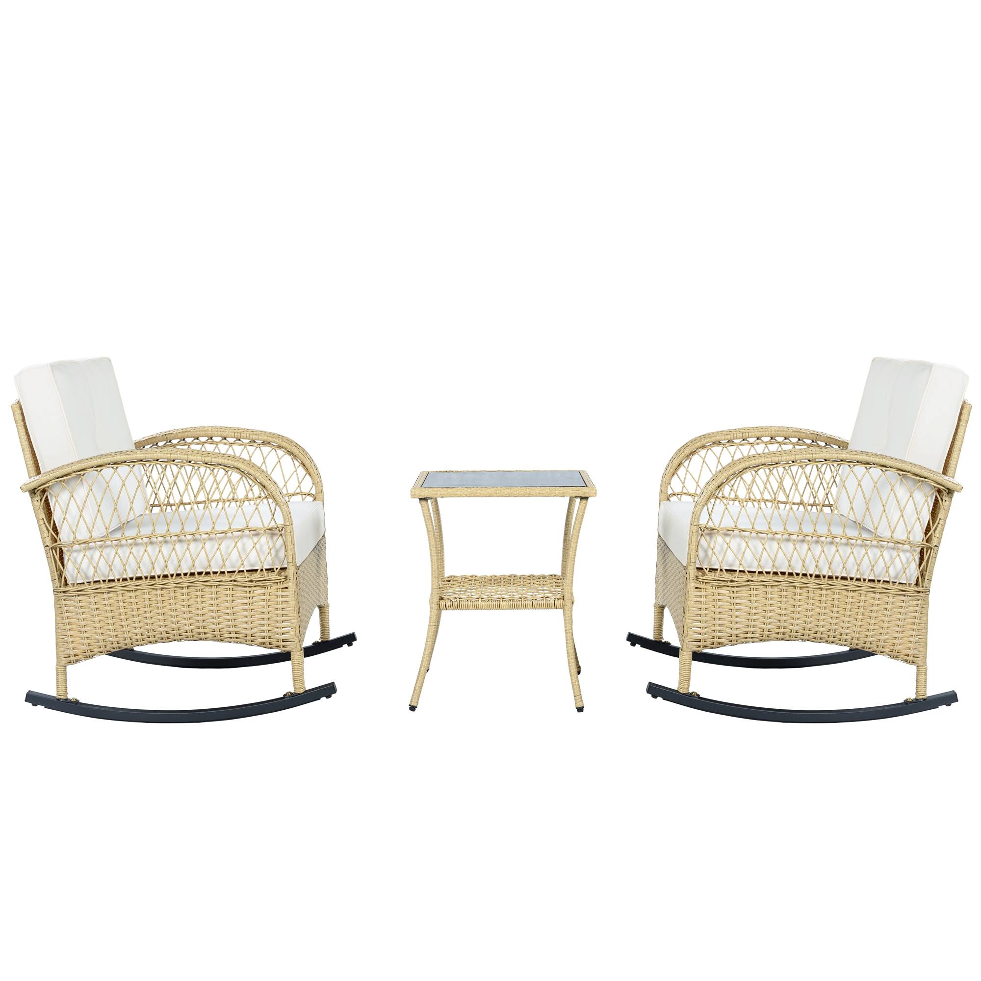 Ensemble Détente Extérieur avec 2 Chaises à Bascule et 1 Table pour balcon Polyester Beige - Image 9