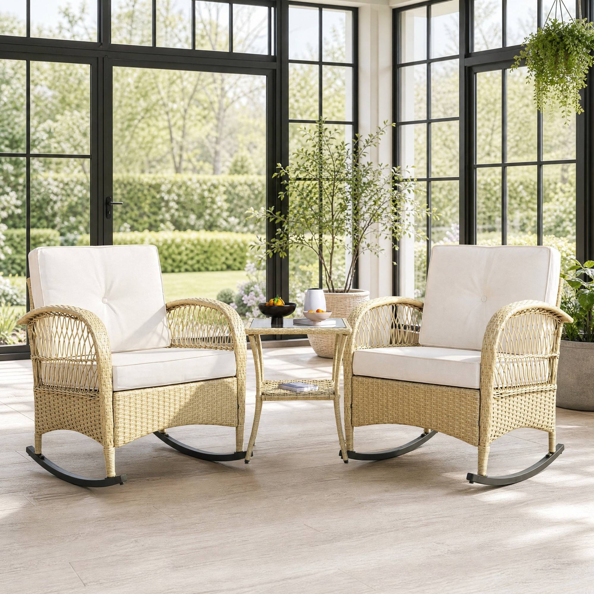 Ensemble Détente Extérieur avec 2 Chaises à Bascule et 1 Table pour balcon Polyester Beige - Image 3