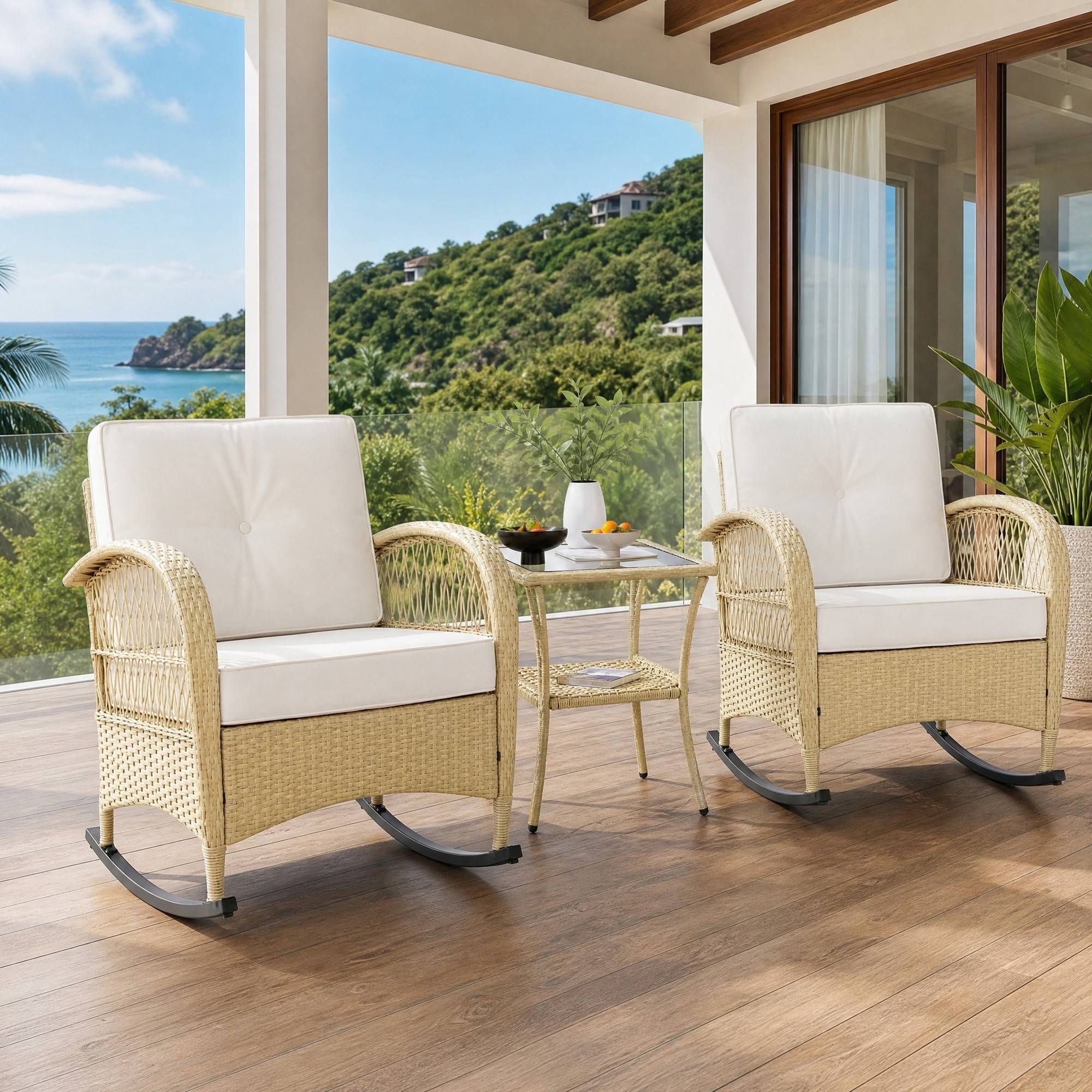 Ensemble Détente Extérieur avec 2 Chaises à Bascule et 1 Table pour balcon Polyester Beige - Image 2