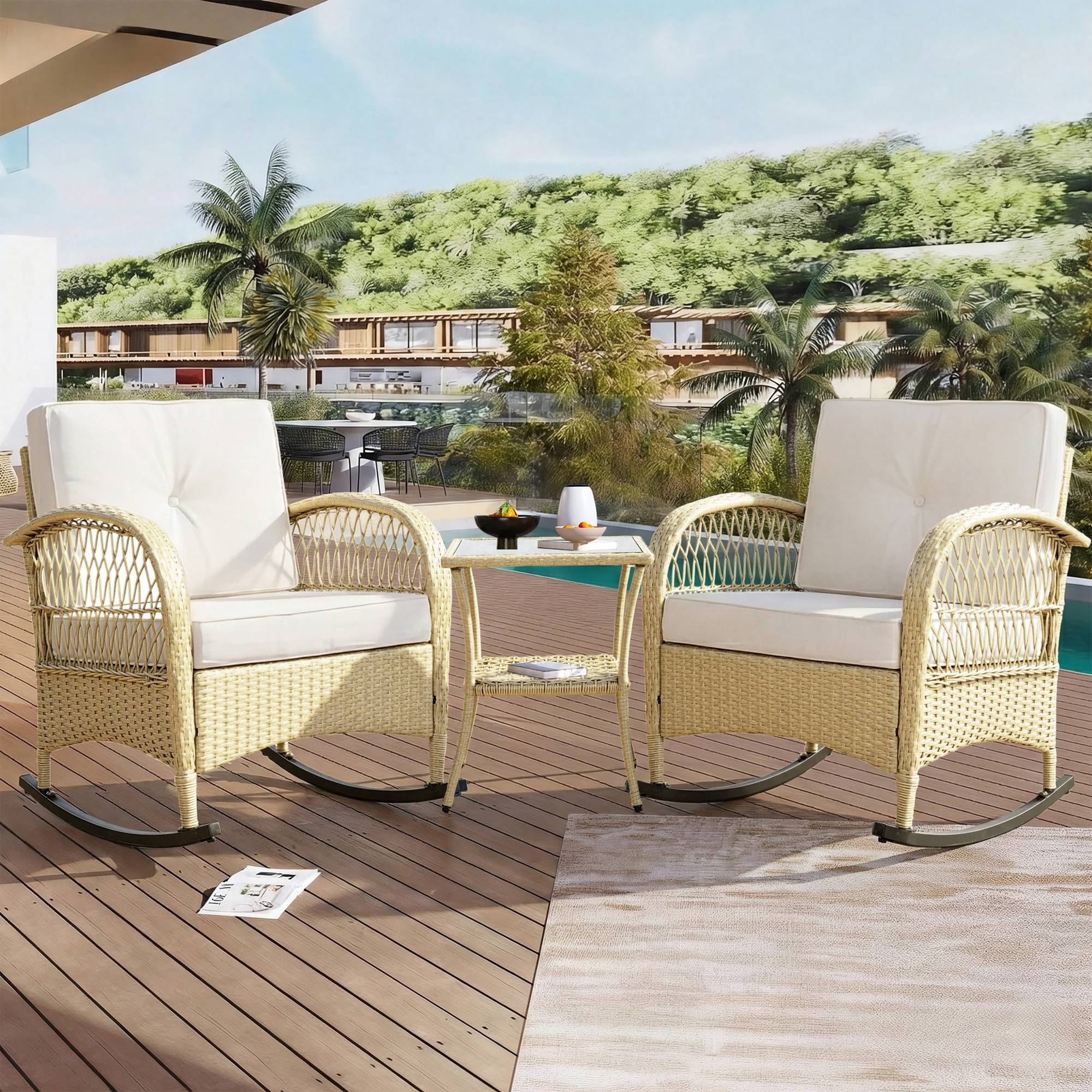 Ensemble Détente Extérieur avec 2 Chaises à Bascule et 1 Table pour balcon Polyester Beige - Image 4