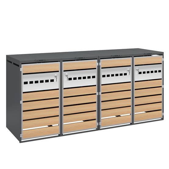 Cache-poubelle 4 Portes Acier Galvanisé Extérieur Couvercle Hydraulique Gris et Bois - ComfortXL Outdoor Living - Image 2