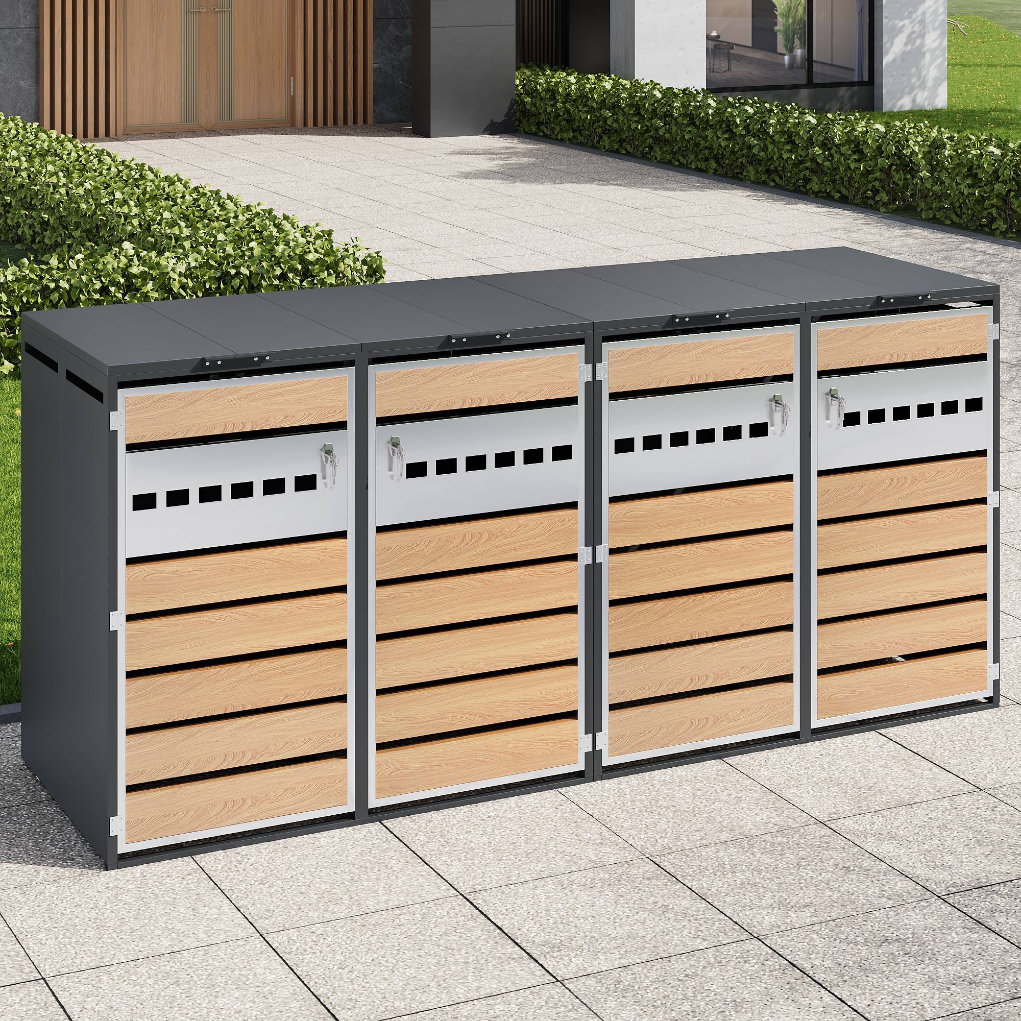 Cache-poubelle 4 Portes Acier Galvanisé Extérieur Couvercle Hydraulique Gris et Bois - ComfortXL Outdoor Living - Image 1