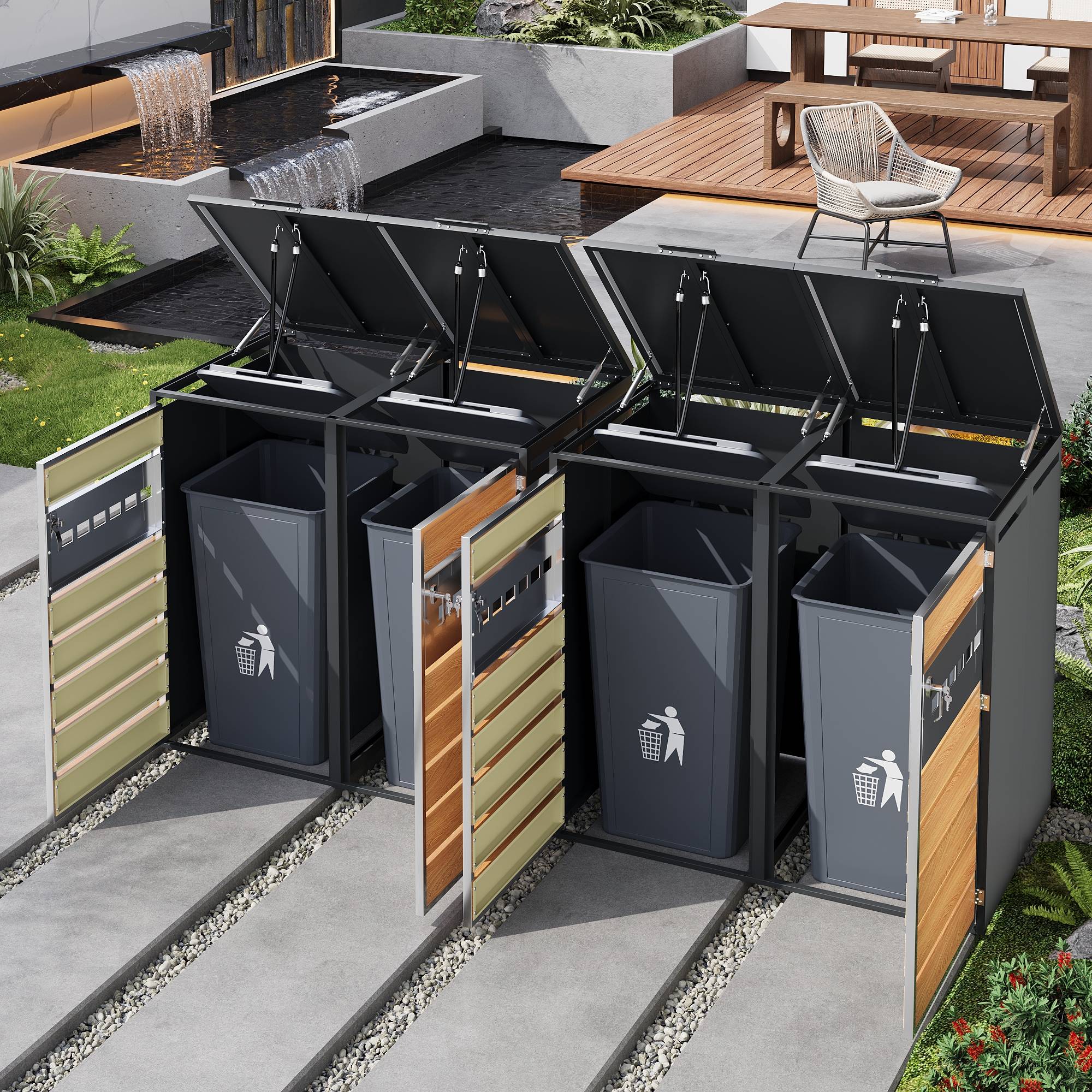 Cache-poubelle 4 Portes Acier Galvanisé Extérieur Couvercle Hydraulique Gris et Bois - ComfortXL Outdoor Living - Image 8