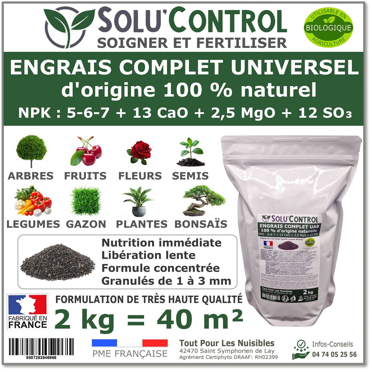 SOLU’CONTROL - 2 kg d'ENGRAIS COMPLET universel et équilibré - UAB - Utilisable en Agriculture Biologique - Image 1