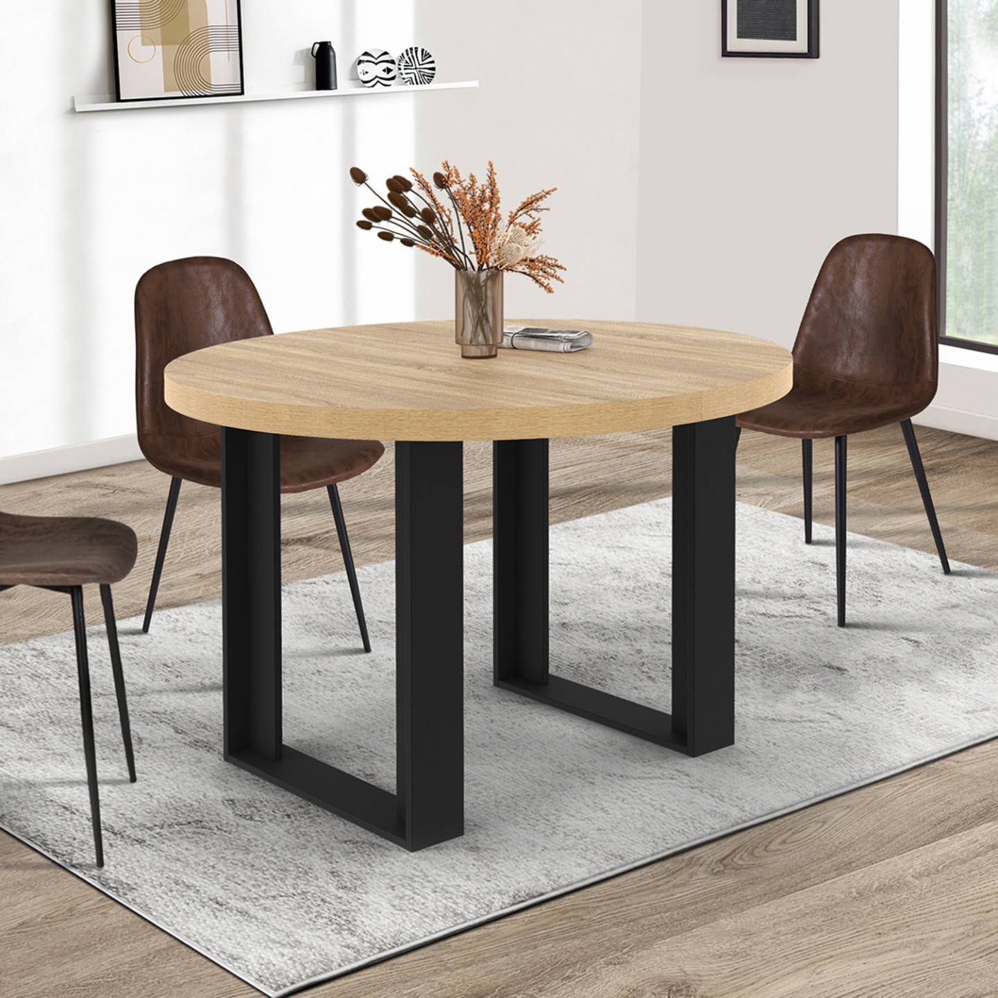 Table à manger extensible ronde PHOENIX 4-6 personnes bois et noir 110-150 cm - Image 4