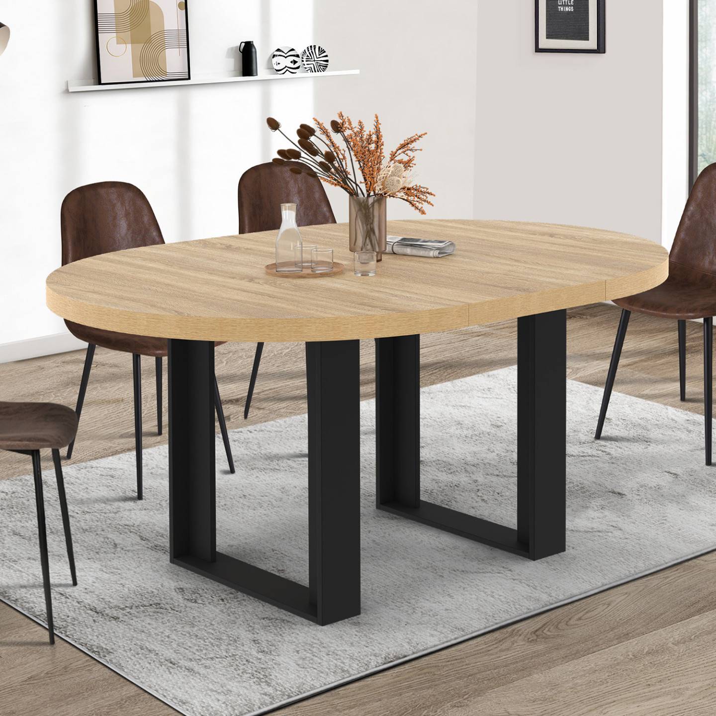 Table à manger extensible ronde PHOENIX 4-6 personnes bois et noir 110-150 cm - Image 1