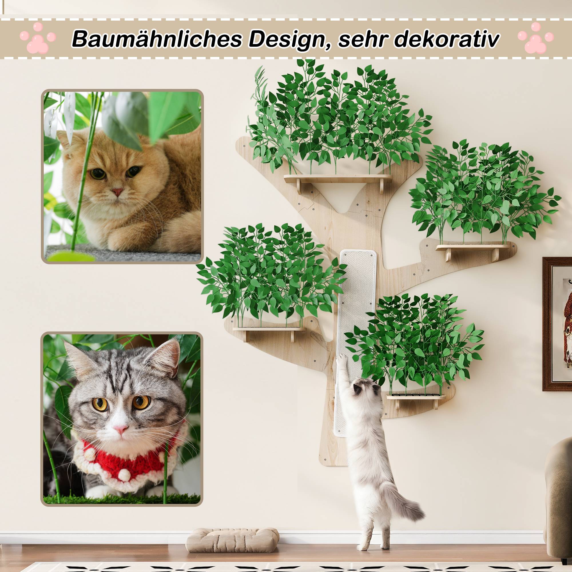 Arbre à chat mural en bois de pin, avec plateforme et surface à gratter, 155 x 210 cm, Vert - PANGIVO - Image 6
