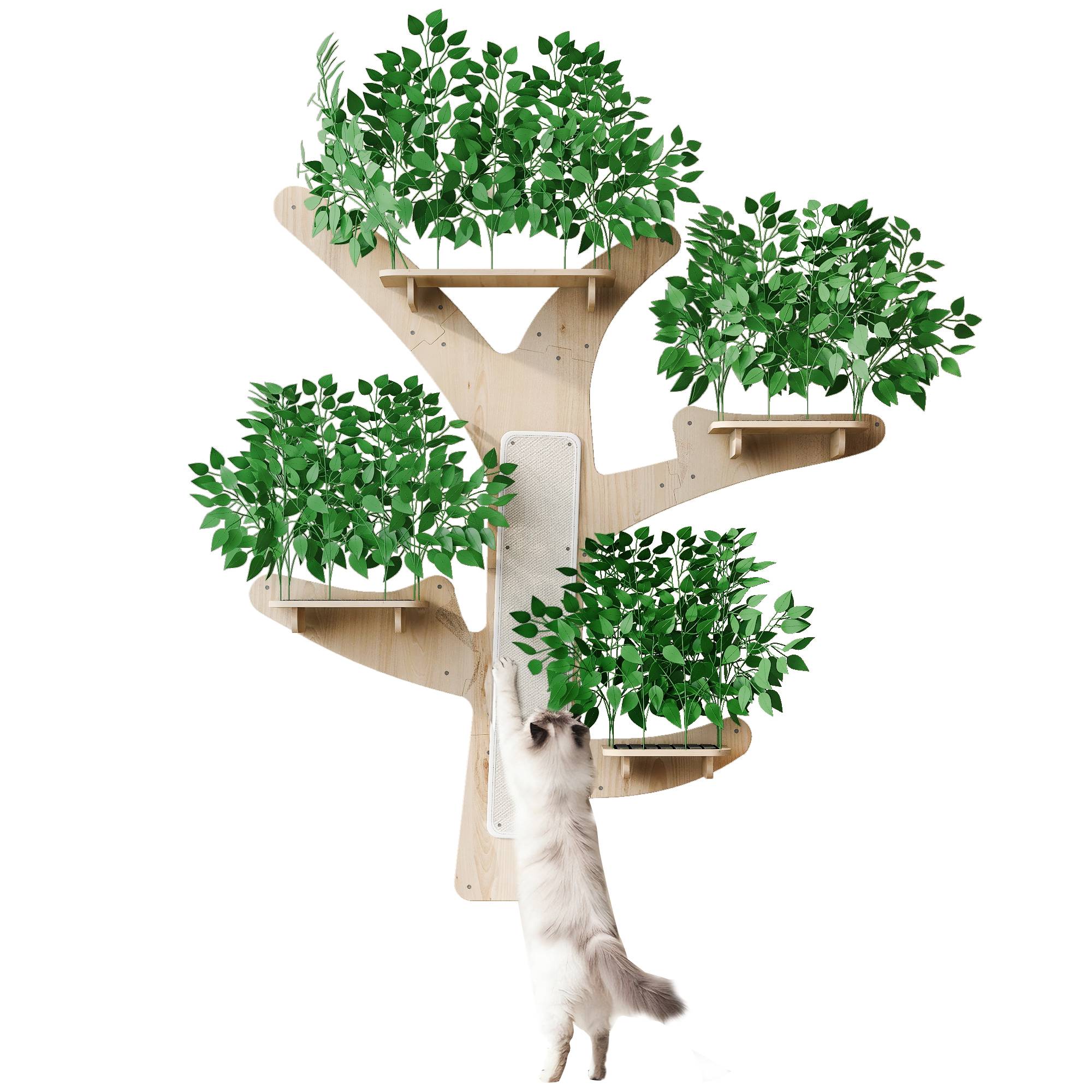 Arbre à chat mural en bois de pin, avec plateforme et surface à gratter, 155 x 210 cm, Vert - PANGIVO - Image 9
