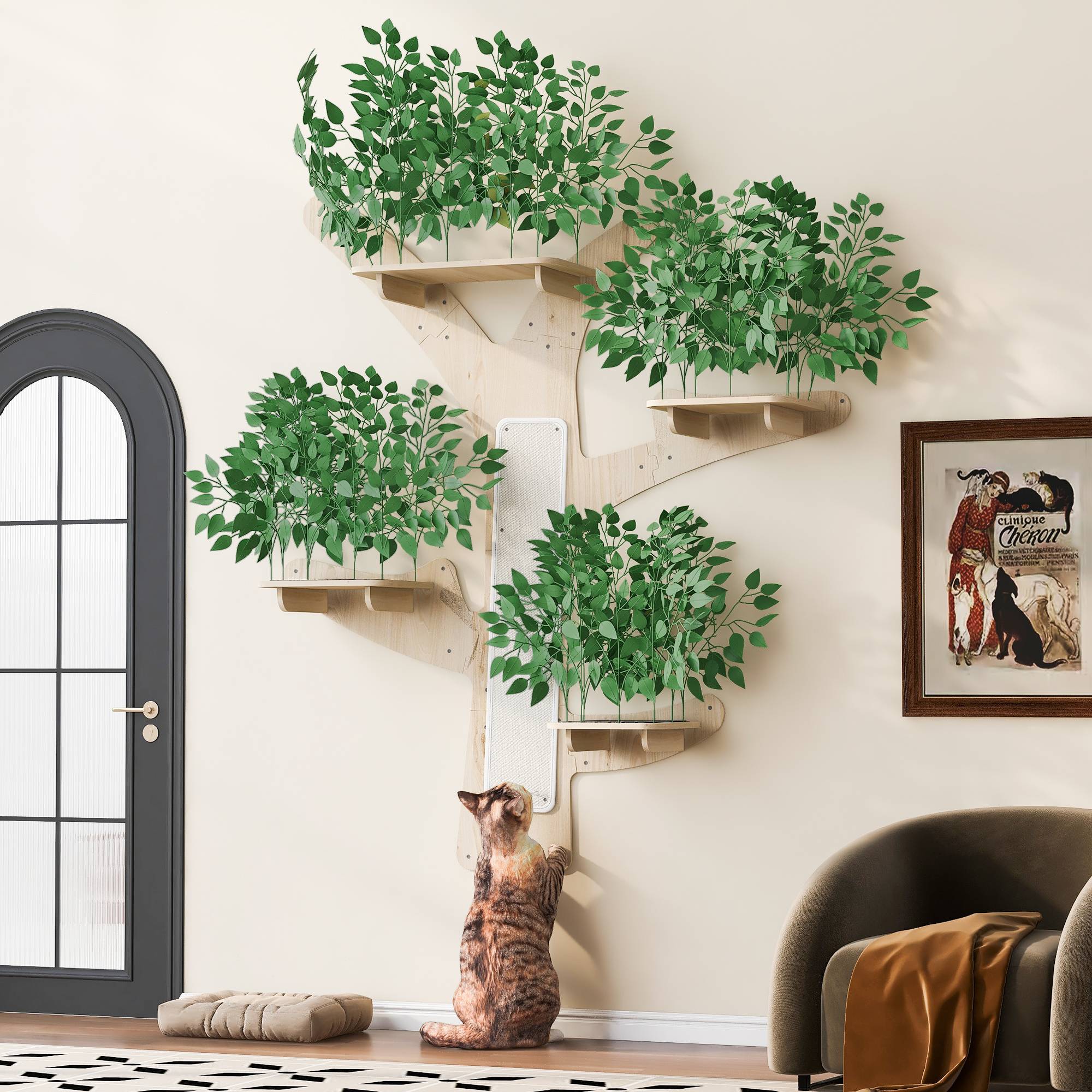 Arbre à chat mural en bois de pin, avec plateforme et surface à gratter, 155 x 210 cm, Vert - PANGIVO - Image 2