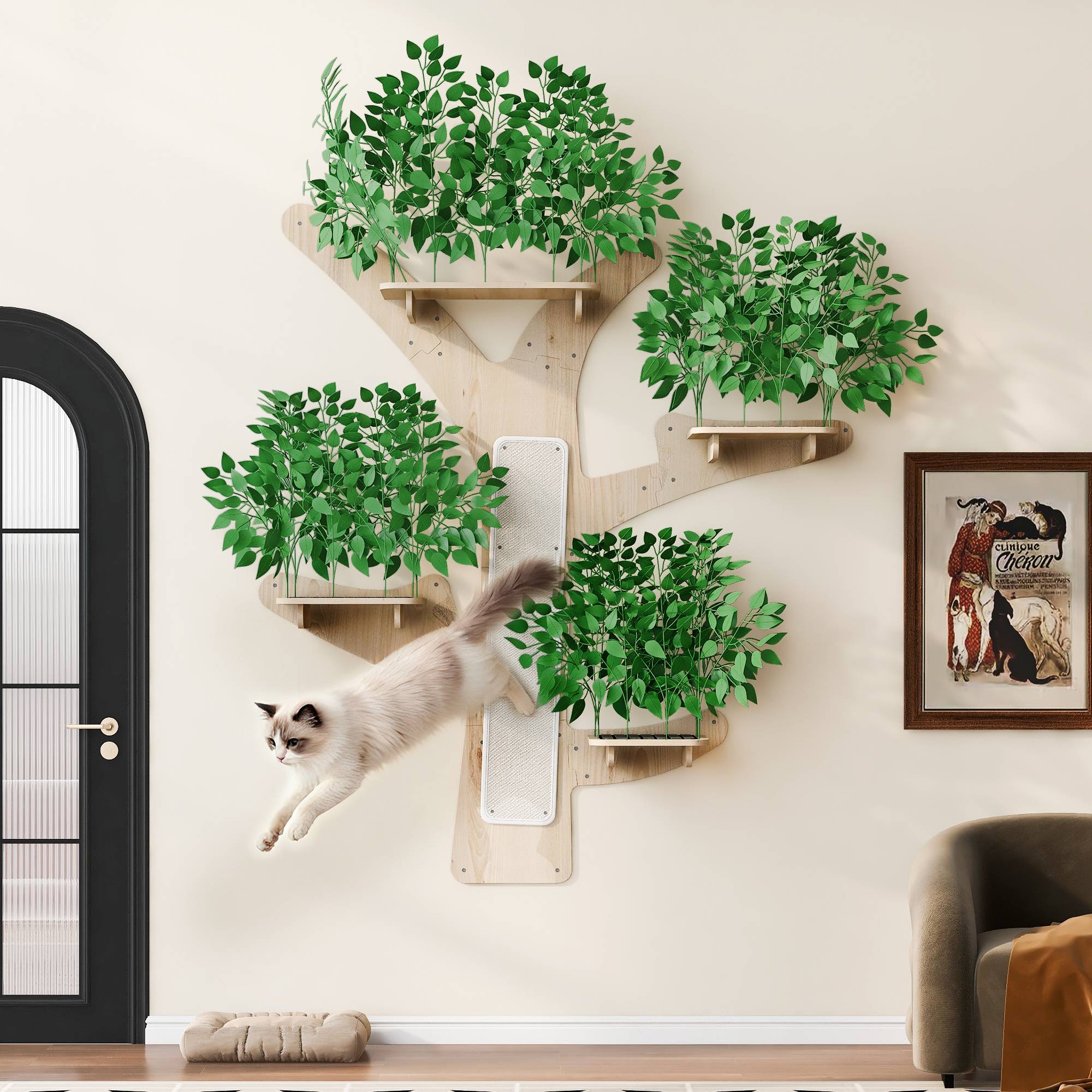 Arbre à chat mural en bois de pin, avec plateforme et surface à gratter, 155 x 210 cm, Vert - PANGIVO - Image 3