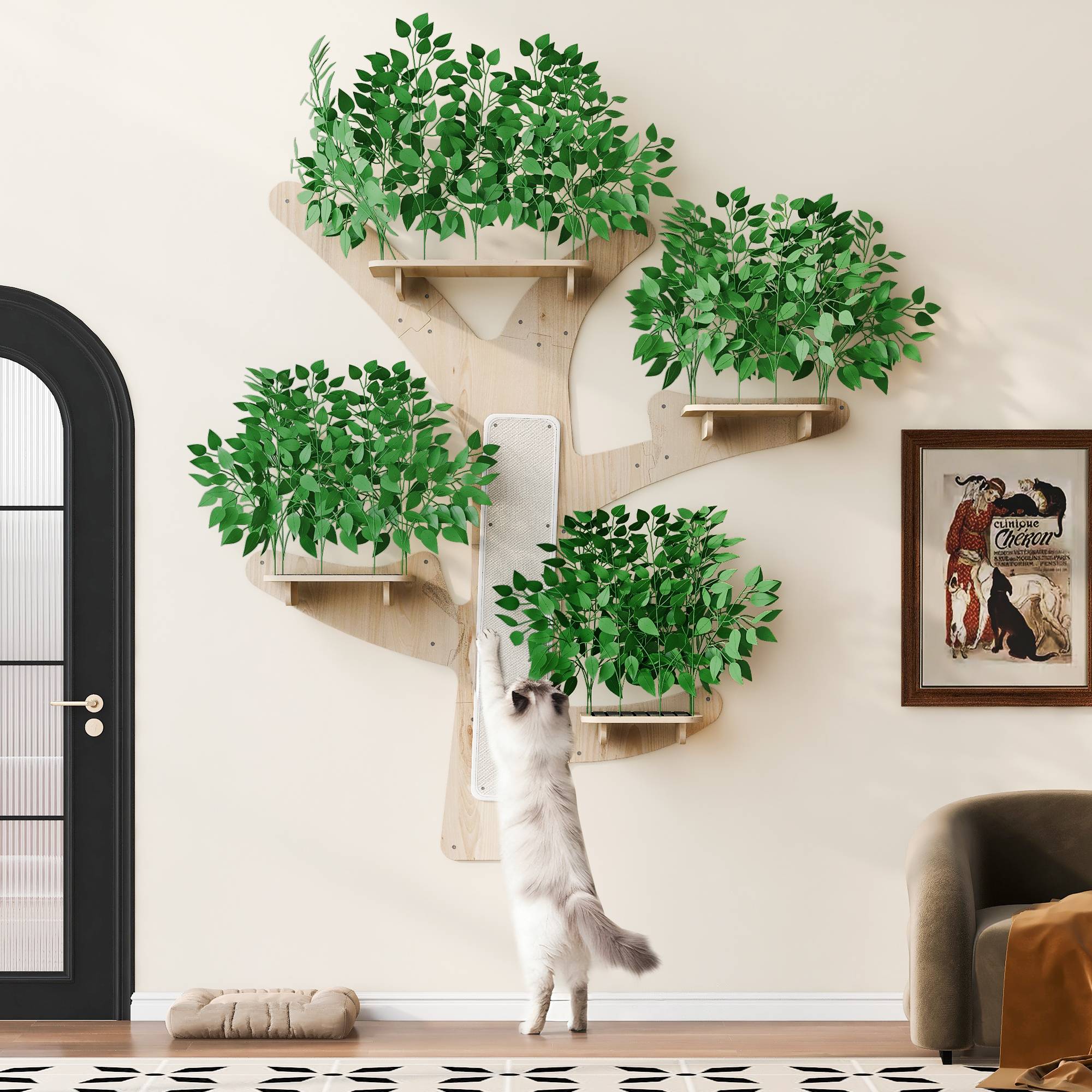Arbre à chat mural en bois de pin, avec plateforme et surface à gratter, 155 x 210 cm, Vert - PANGIVO - Image 1