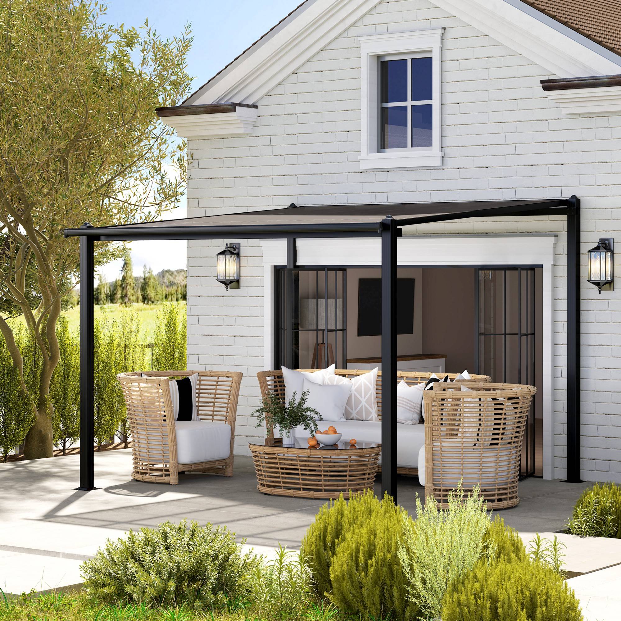 Outsunny - Pergola adossée 3x3m toit polycarbonate imperméable, système de drainage, abri soleil UPF30+ aluminium gris - Outsunny - Image 5