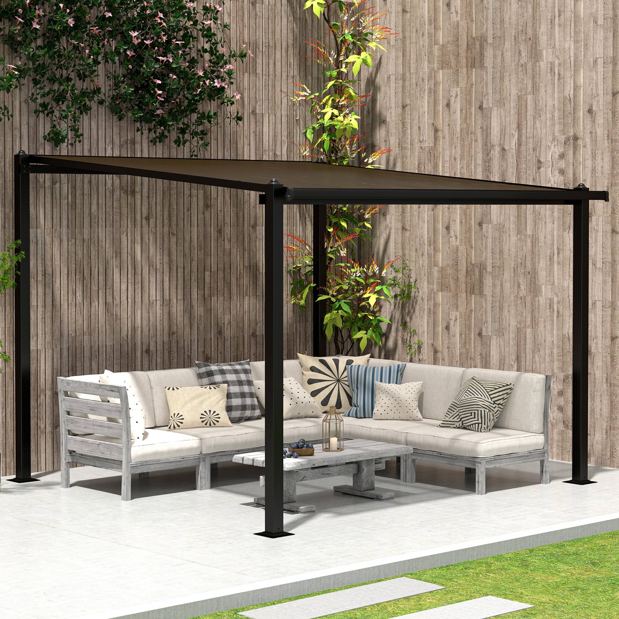 Outsunny - Pergola adossée 3x3m toit polycarbonate imperméable, système de drainage, abri soleil UPF30+ aluminium gris - Outsunny - Image 4