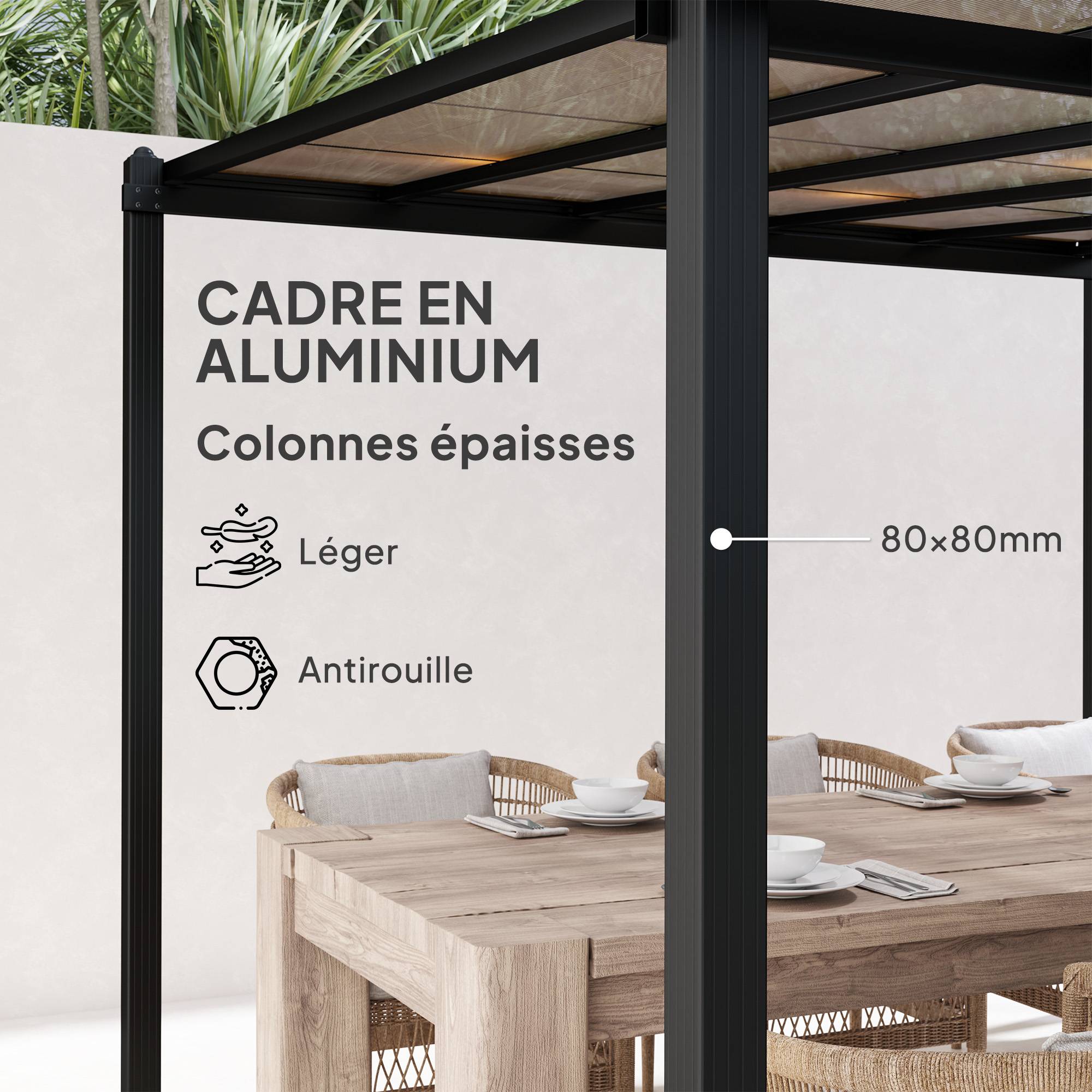 Outsunny - Pergola adossée 3x3m toit polycarbonate imperméable, système de drainage, abri soleil UPF30+ aluminium gris - Outsunny - Image 7