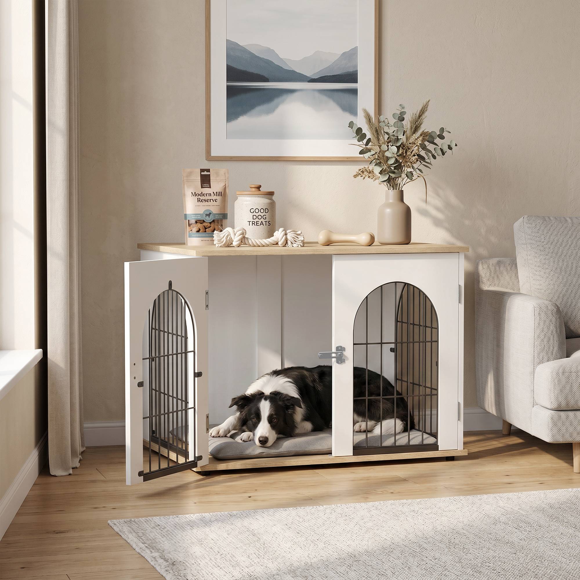 ComfortXL - Cage chien meuble métal blanc 80 x 56 x 59 cm pour chien moyen double porte - ComfortXL Outdoor Living - Image 2