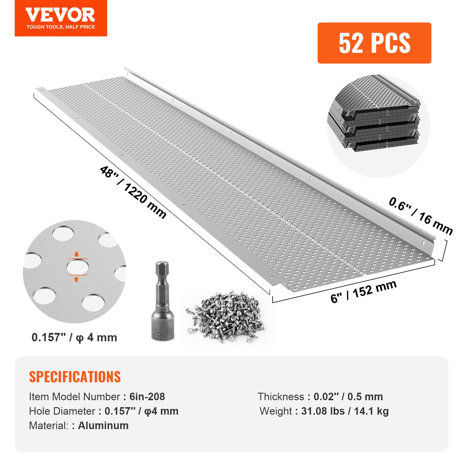 VEVOR Grille protection gouttière 152 mm, alu, 52 pièces, longueur totale 63,4 m. - Image 7