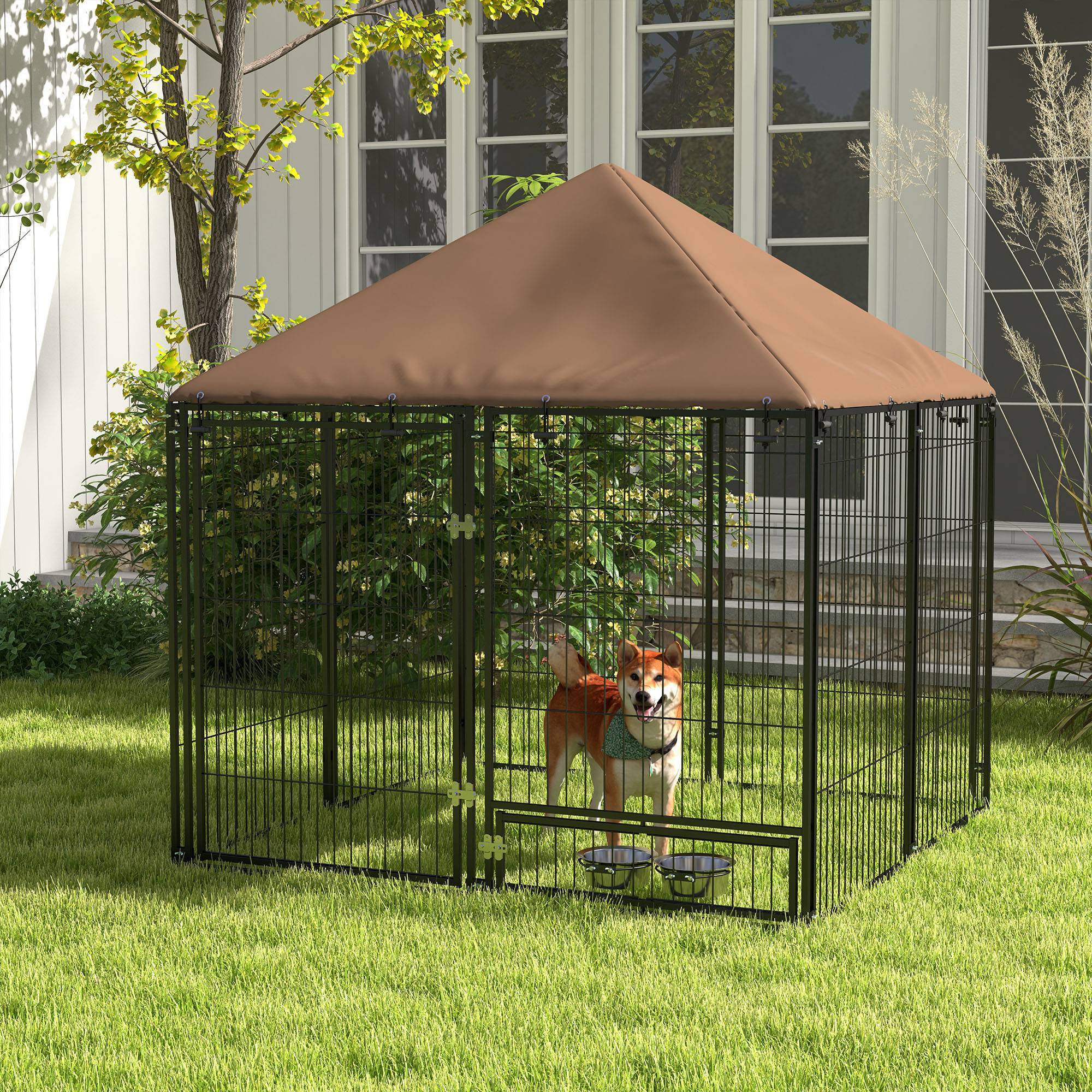 Sans Marque - Chenil extérieur pour Chiens en métal et Tissu Oxford Support gamelle et Toit résistant aux intempéries Espace spacieux - Image 4