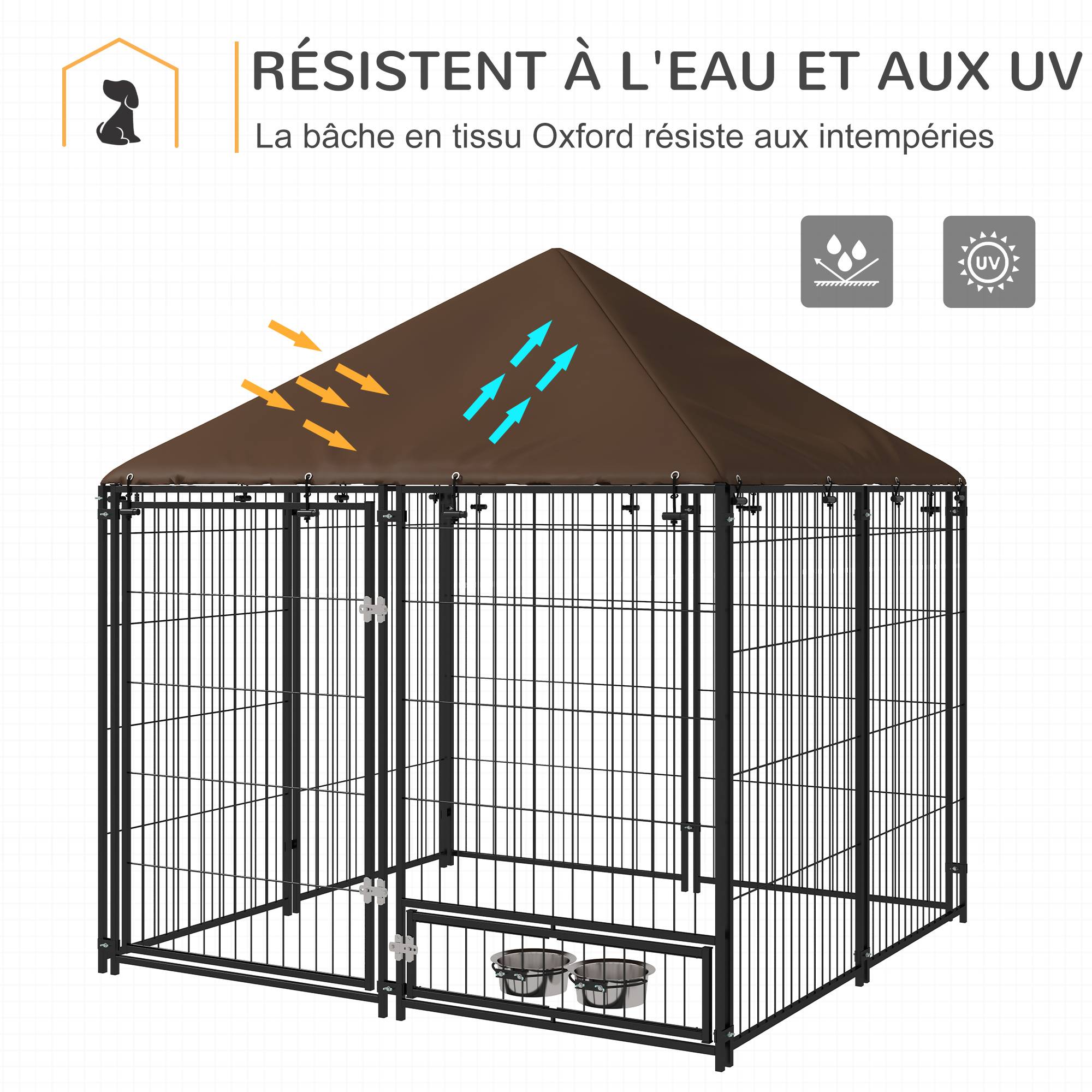Sans Marque - Chenil extérieur pour Chiens en métal et Tissu Oxford Support gamelle et Toit résistant aux intempéries Espace spacieux - Image 7