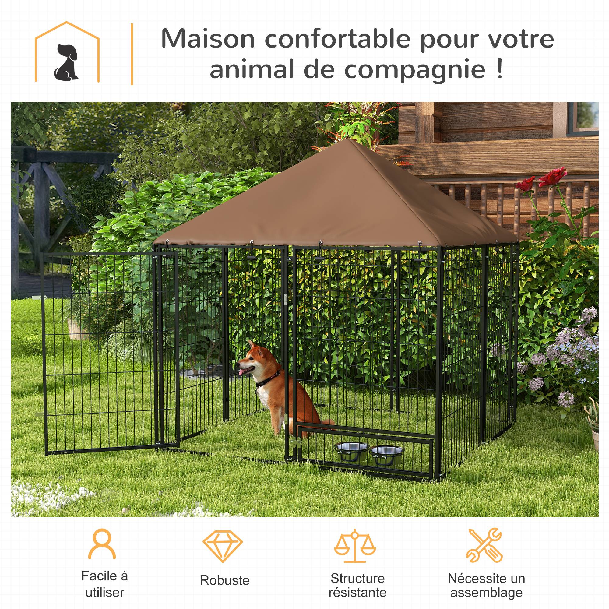 Sans Marque - Chenil extérieur pour Chiens en métal et Tissu Oxford Support gamelle et Toit résistant aux intempéries Espace spacieux - Image 6