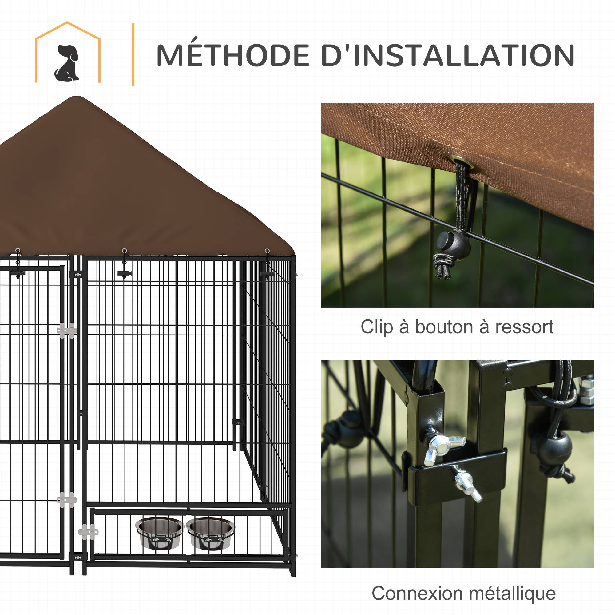 Sans Marque - Chenil extérieur pour Chiens en métal et Tissu Oxford Support gamelle et Toit résistant aux intempéries Espace spacieux - Image 9
