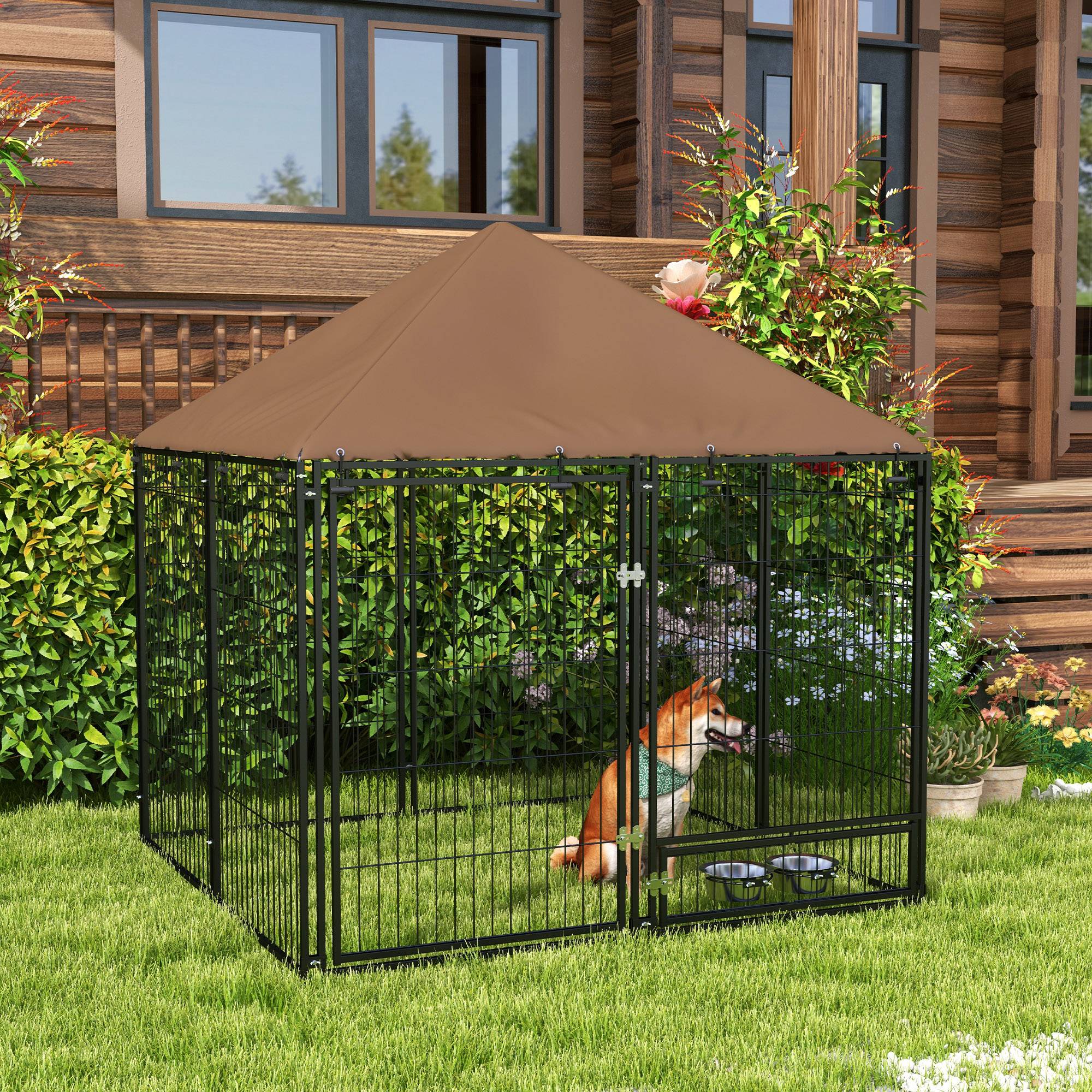 Sans Marque - Chenil extérieur pour Chiens en métal et Tissu Oxford Support gamelle et Toit résistant aux intempéries Espace spacieux - Image 3