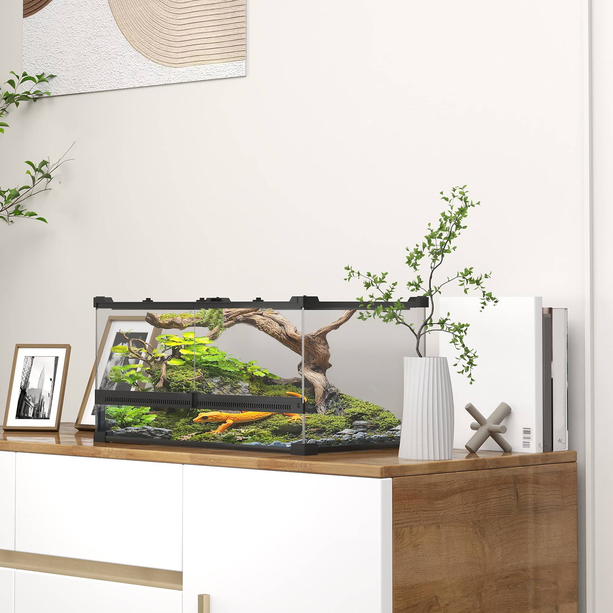 ComfortXL - Terrarium reptiles en verre trempé noir fond étanche surélevé ventilé avec portes frontales et passe-câbles - Image 1