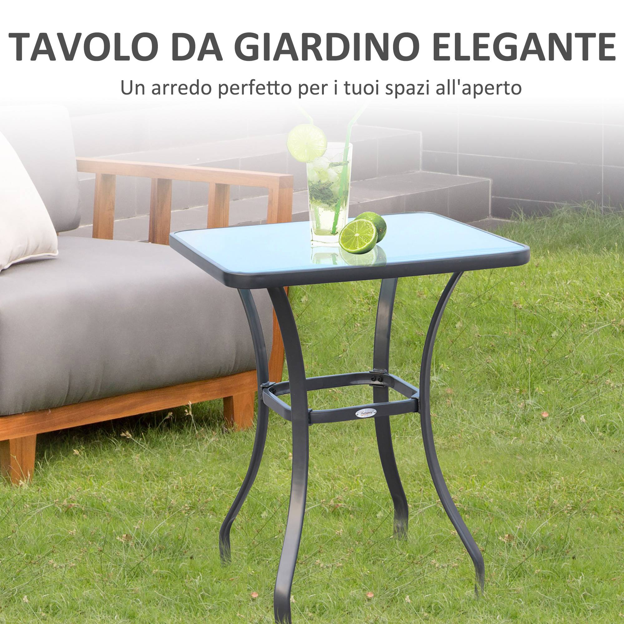 Table moderne plateau verre trempé, table jardin extérieur métal 68,5x68,5x84 cm gris - Image 6
