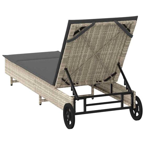 Chaise longue | Transat | Bain de soleil avec roues et coussins gris clair résine tressée - Image 8