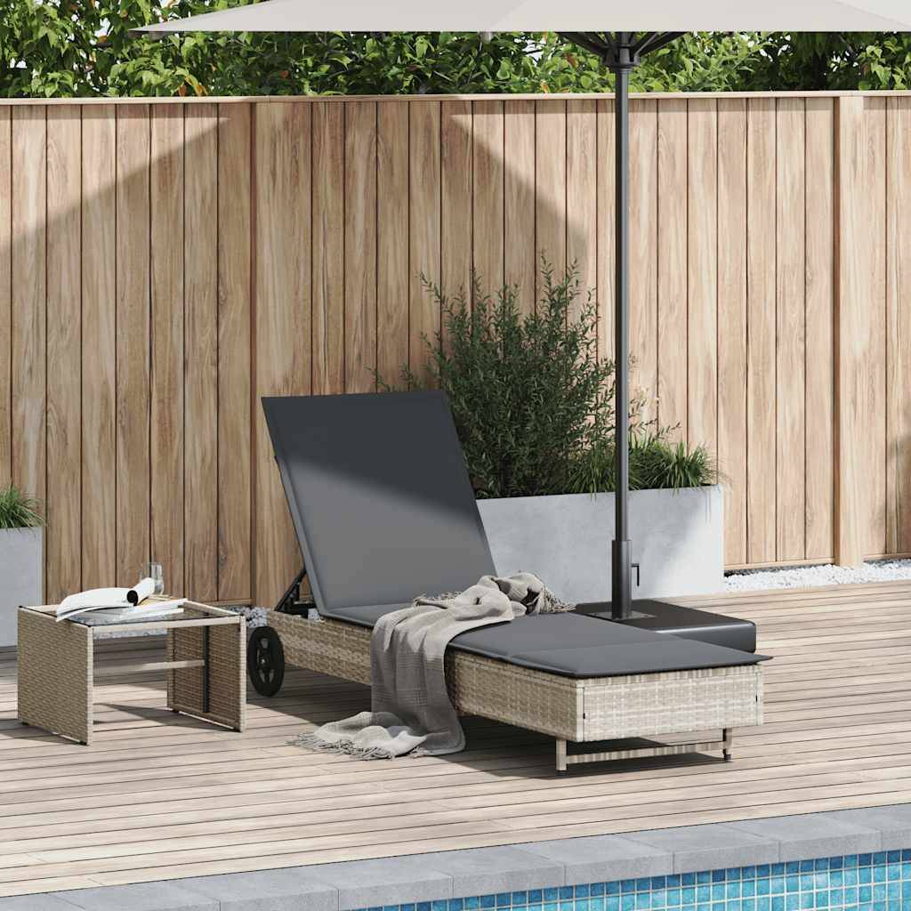 Chaise longue | Transat | Bain de soleil avec roues et coussins gris clair résine tressée - Image 2