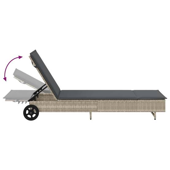 Chaise longue | Transat | Bain de soleil avec roues et coussins gris clair résine tressée - Image 9