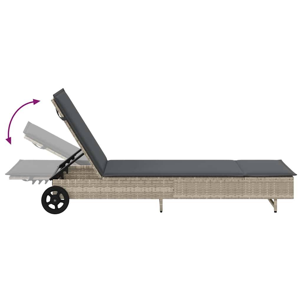 Chaise longue | Transat | Bain de soleil avec roues et coussins gris clair résine tressée - Image 9