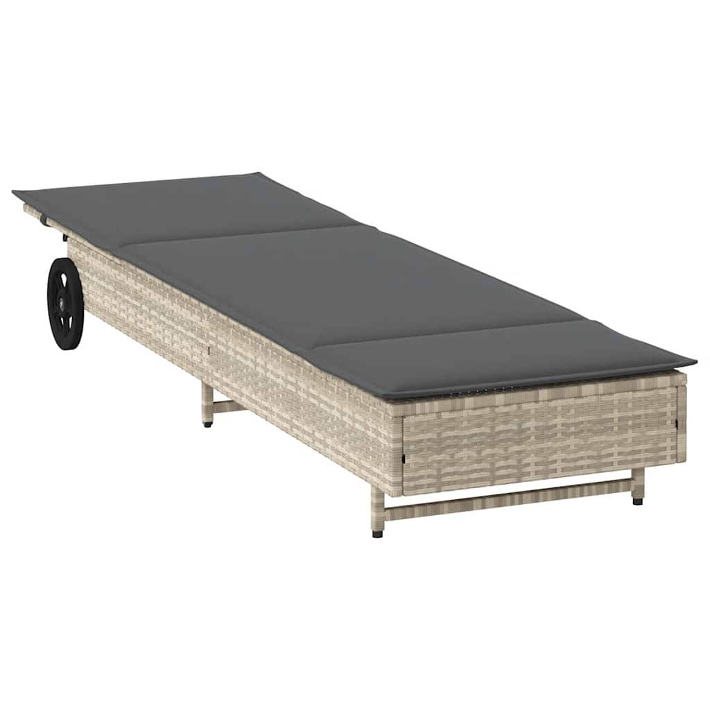 Chaise longue | Transat | Bain de soleil avec roues et coussins gris clair résine tressée - Image 4