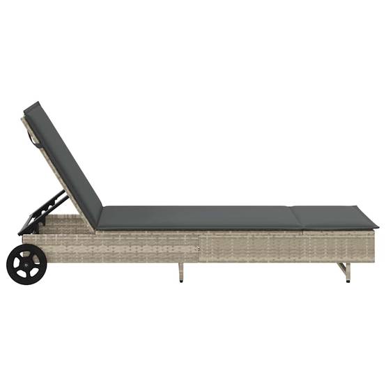 Chaise longue | Transat | Bain de soleil avec roues et coussins gris clair résine tressée - Image 7