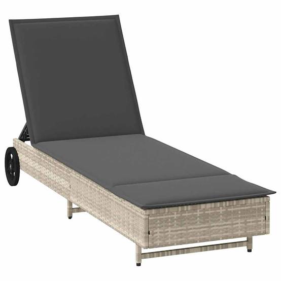 Chaise longue | Transat | Bain de soleil avec roues et coussins gris clair résine tressée - Image 1