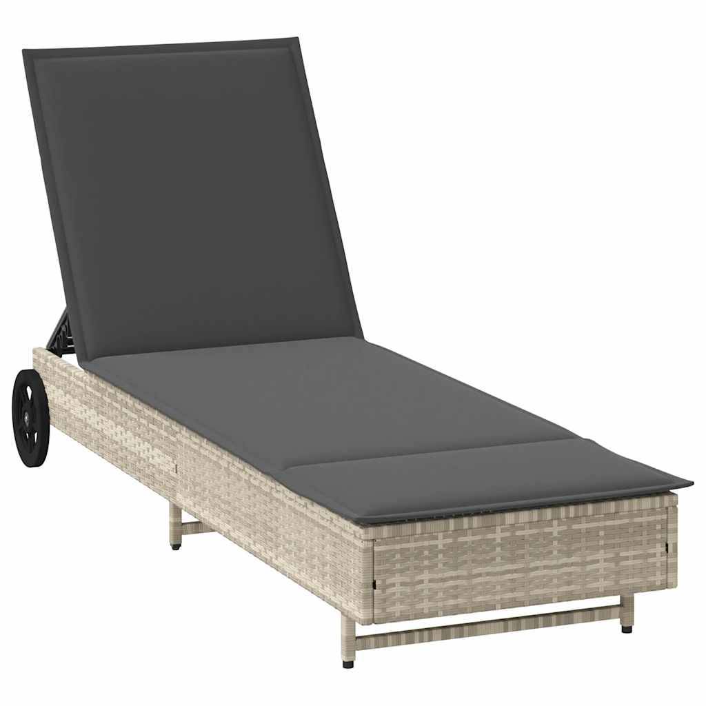 Chaise longue | Transat | Bain de soleil avec roues et coussins gris clair résine tressée - Image 1